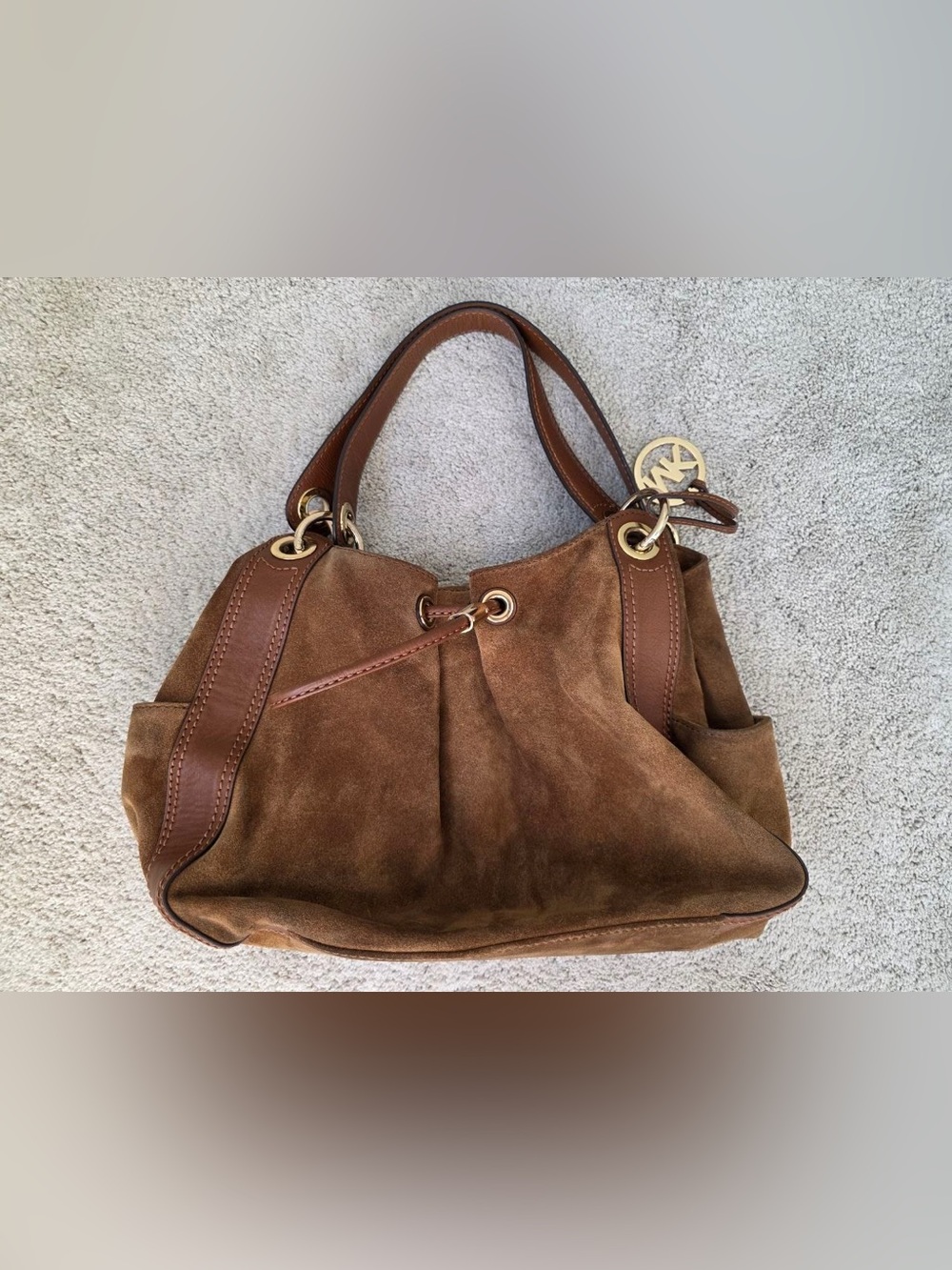 Michael Kors Brown Suede Leather Hobo Shoulder Bag Gold Hardware MK Charm
